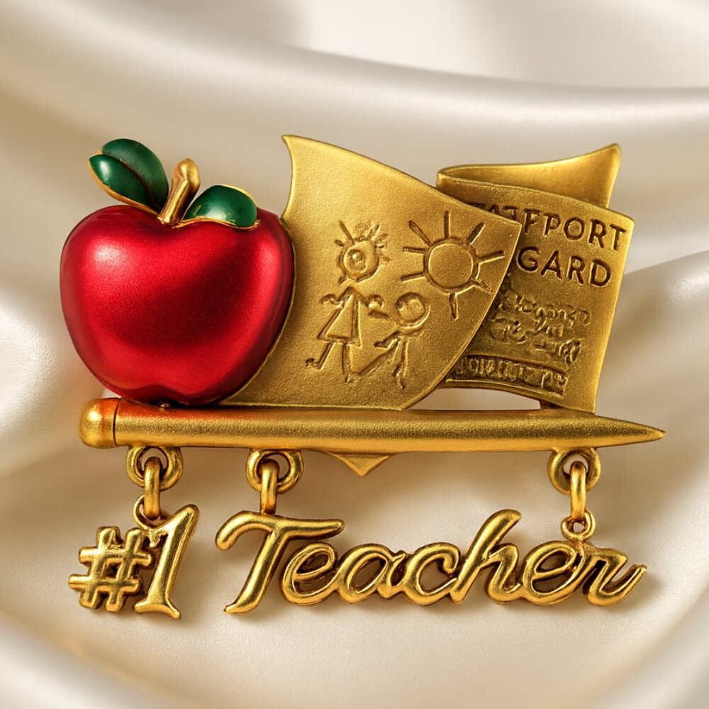 Gold Teacher Brooch Pin – Enamel Apple & Report Card Charm, #1 Gift for Educator